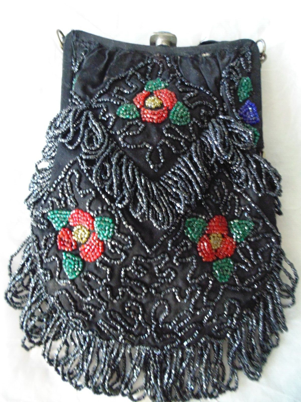 Antique Black Beaded Flapper Bag Red Floral Heavy Fring Purse Jewel Clasp